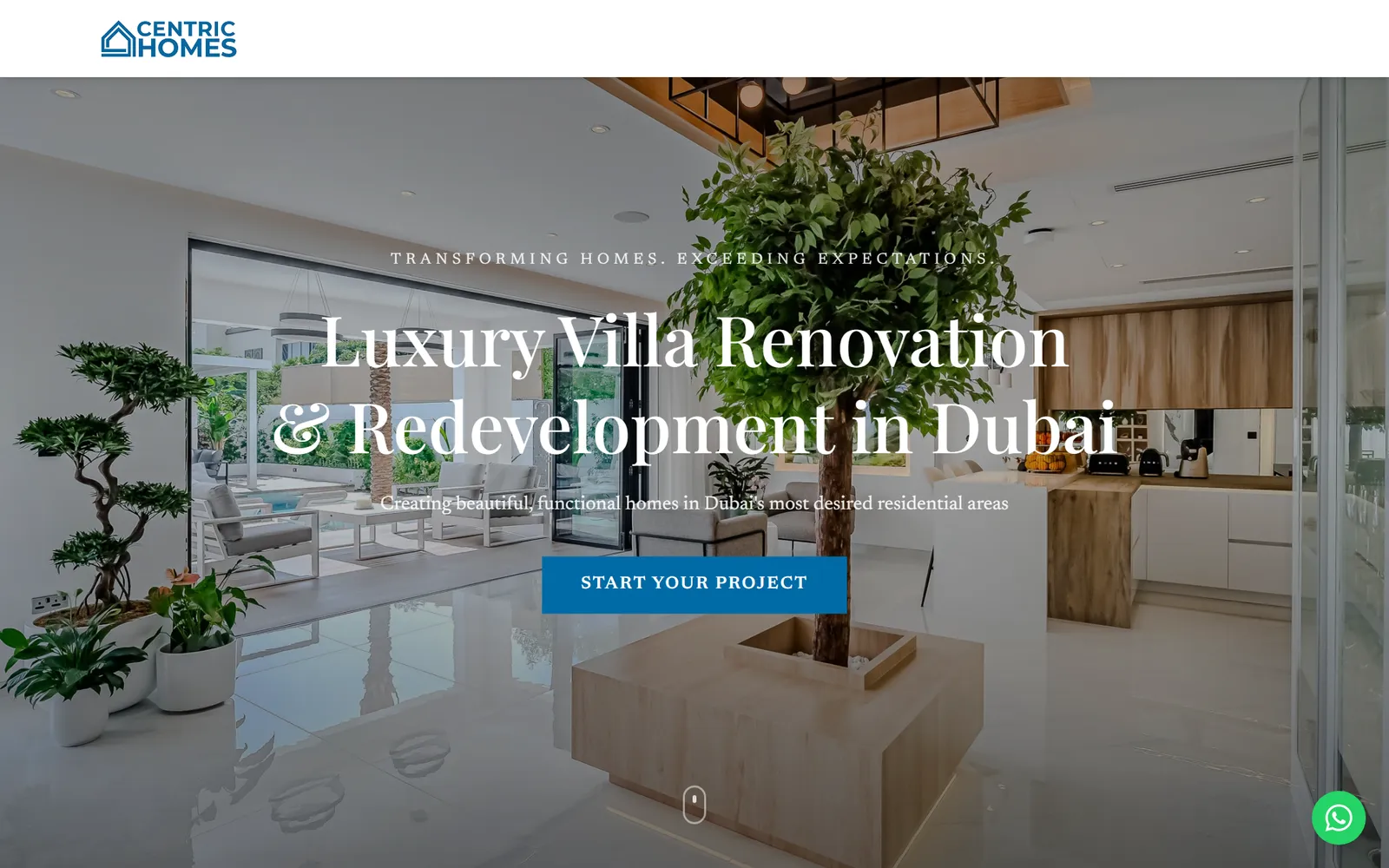 Centric Homes website hero over the open plan living area of a renovated villa