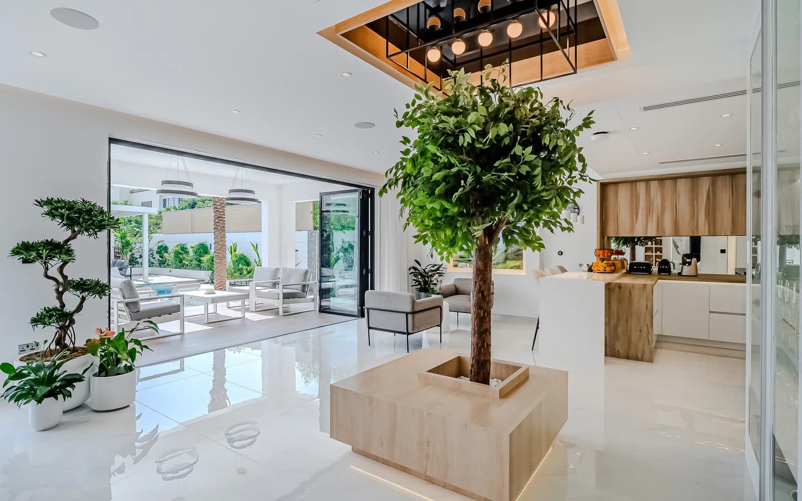 Open plan living space with an indoor tree in a renovated Dubai villa