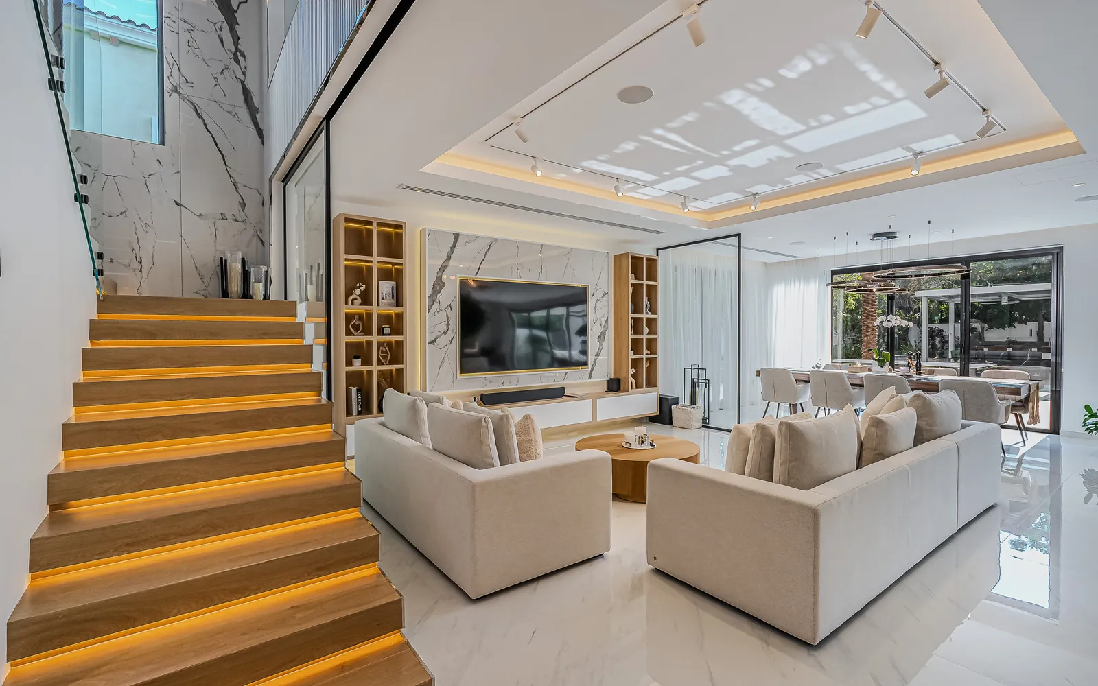 Floating timber staircase with lighting under each tread