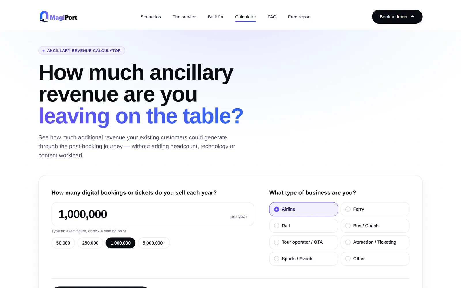 MagiPort ancillary revenue calculator asking for annual bookings and business type