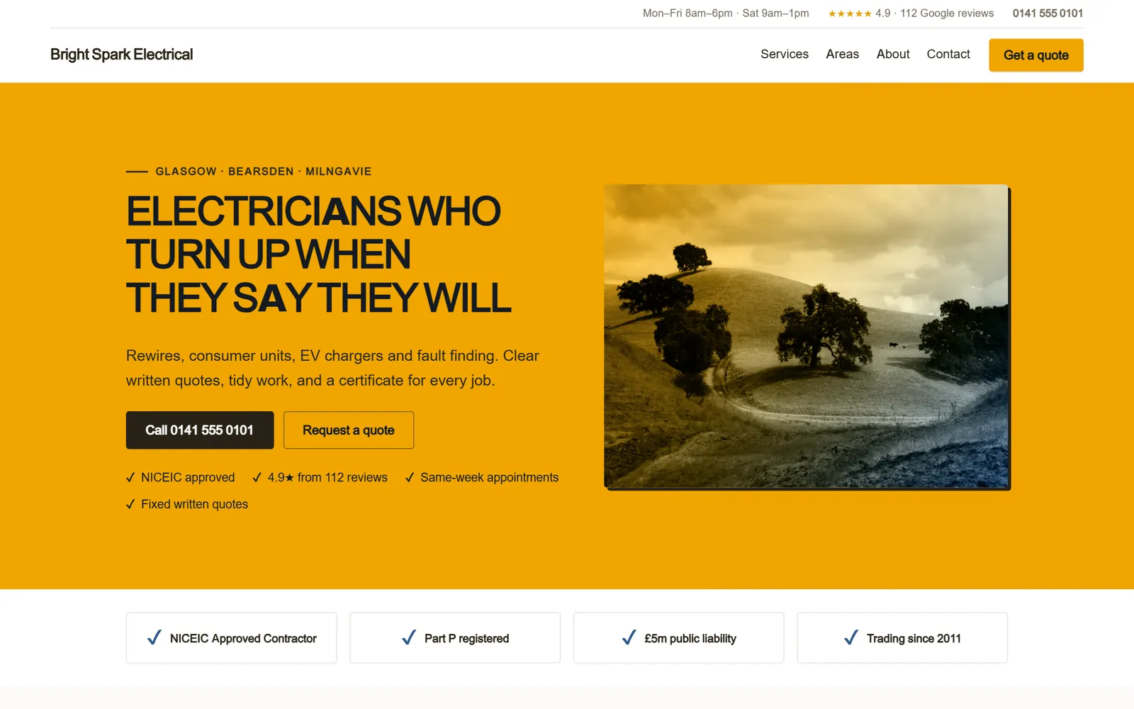 Fictional electrician website generated by the On the Spot website builder