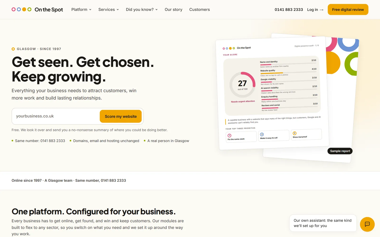 The new On the Spot website homepage offering a free website score for small businesses