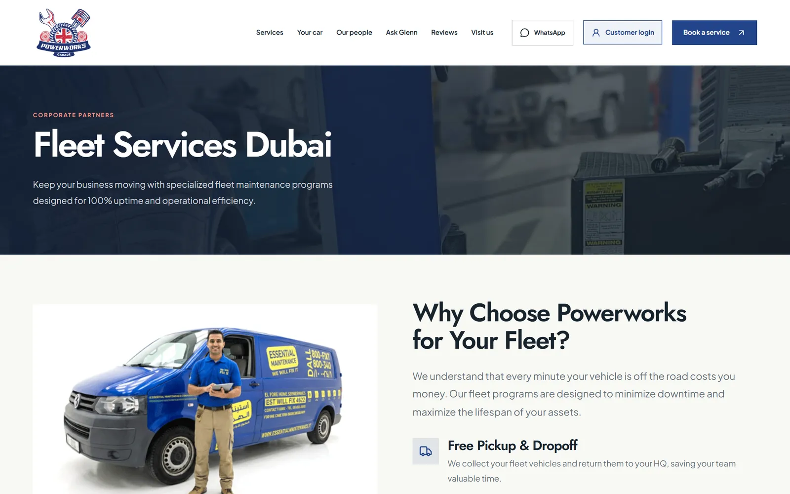Fleet services page for business customers of Powerworks Garage