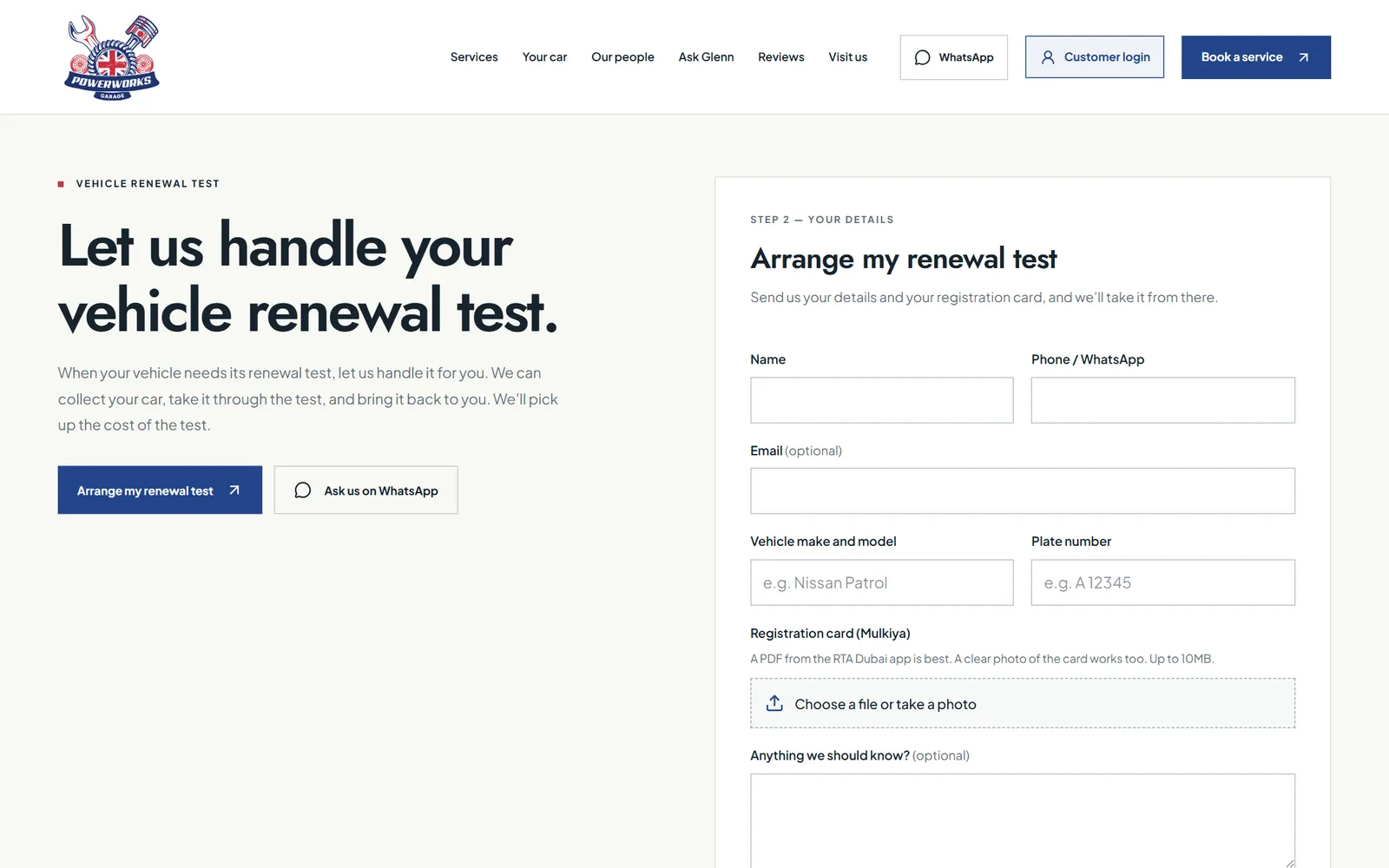 Vehicle renewal test service page with a form to upload a registration card