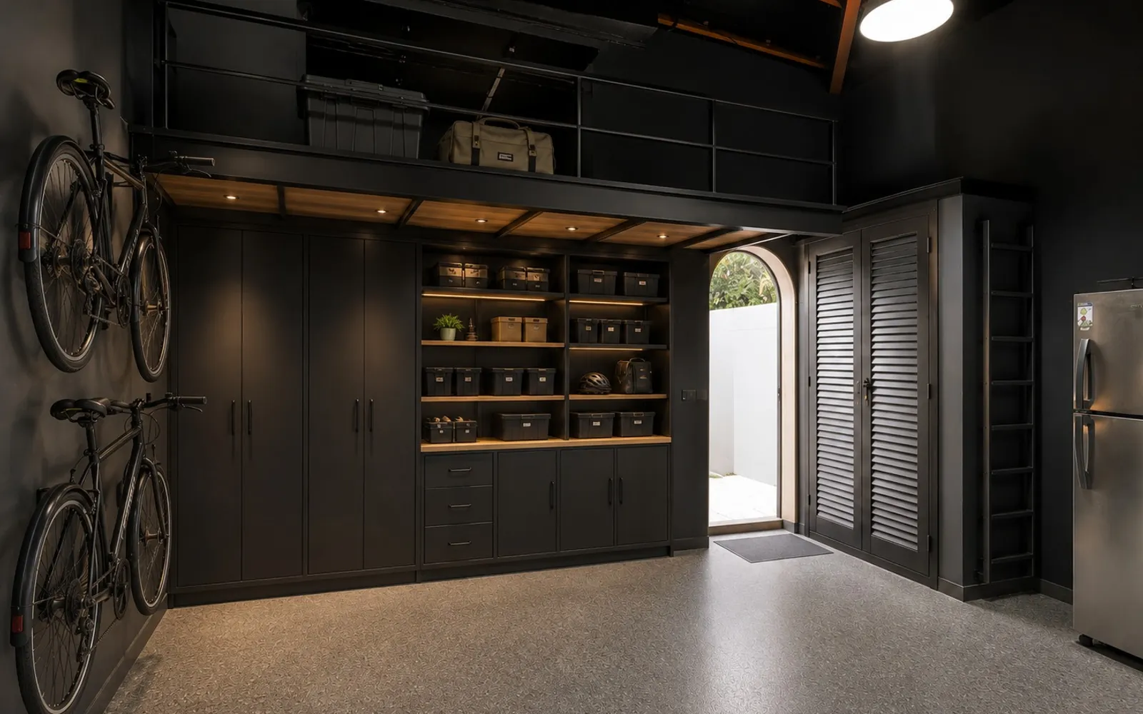Design concept render of the garage with dark cabinetry, a storage mezzanine and wall mounted bikes