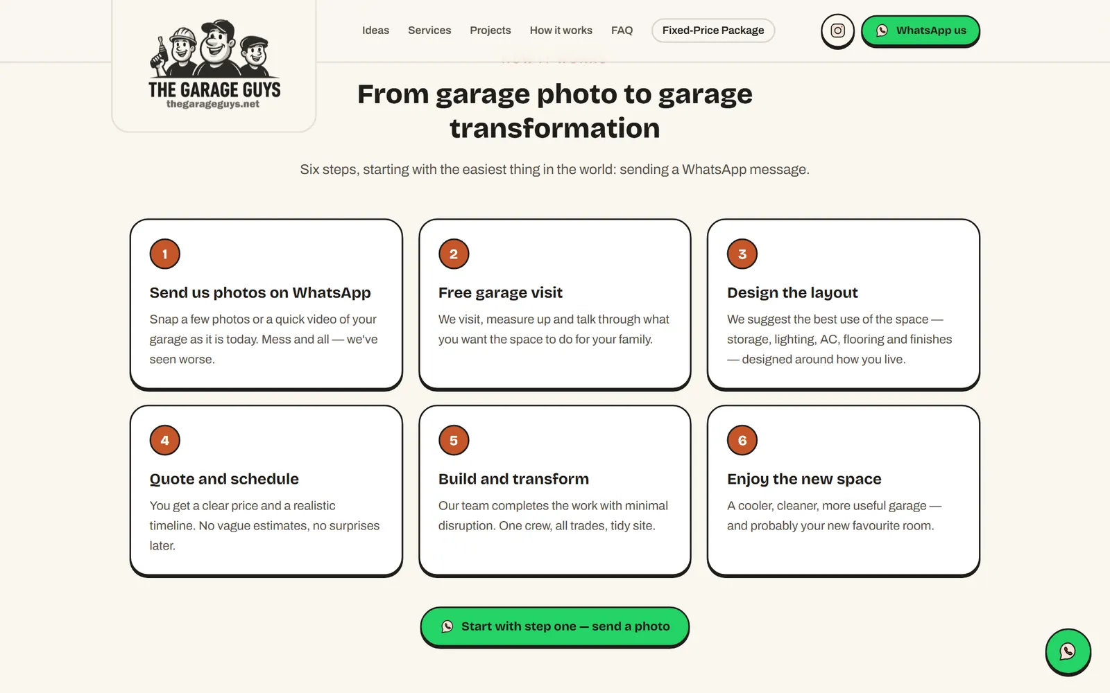 The Garage Guys website explaining six steps from a WhatsApp photo to a finished garage