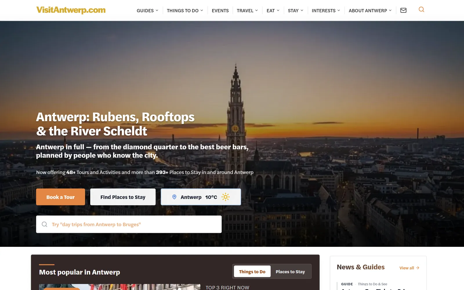 Visit Antwerp homepage at sunset with tours and places to stay