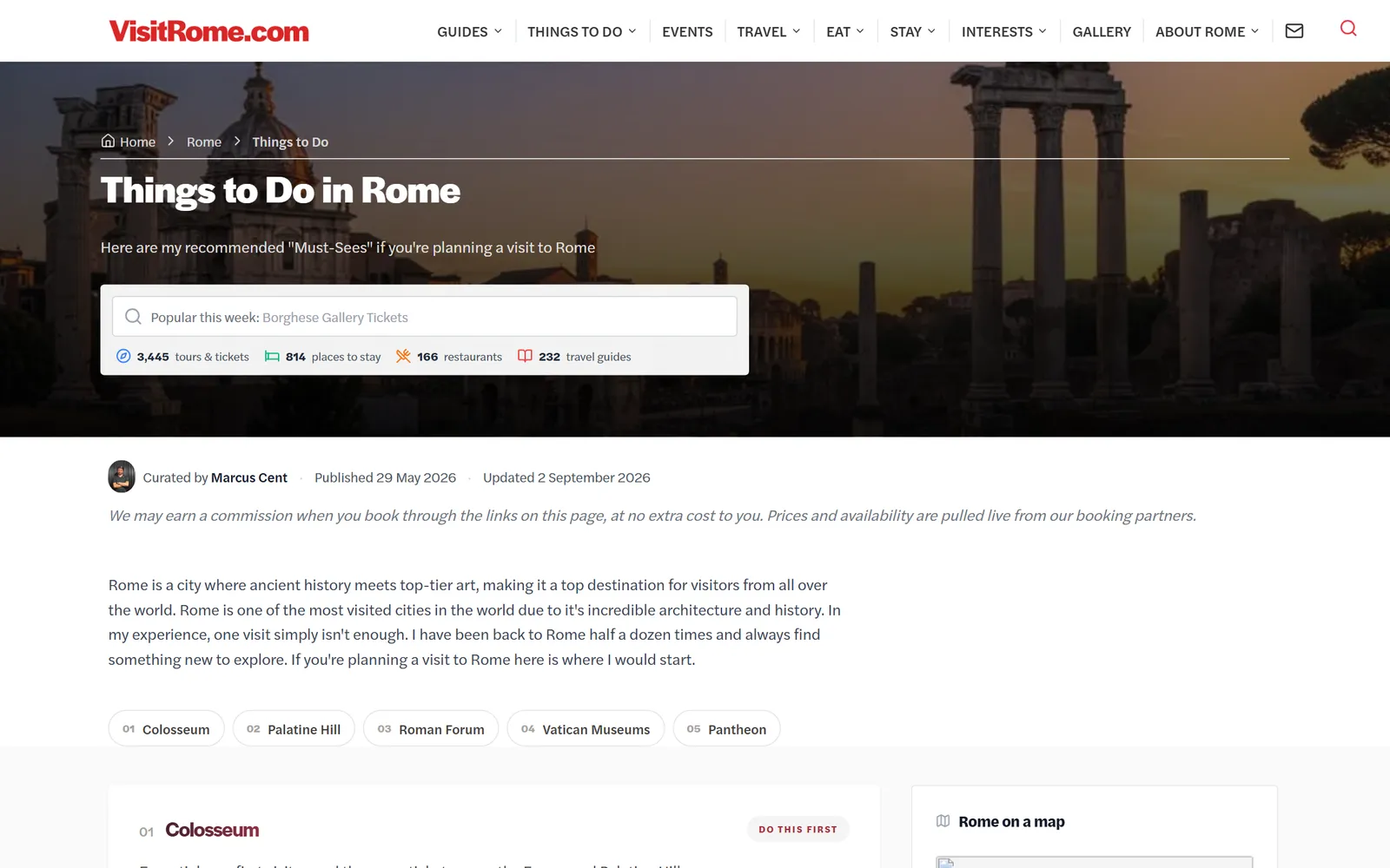 Things to do in Rome page with tours, places to stay, restaurants and guides