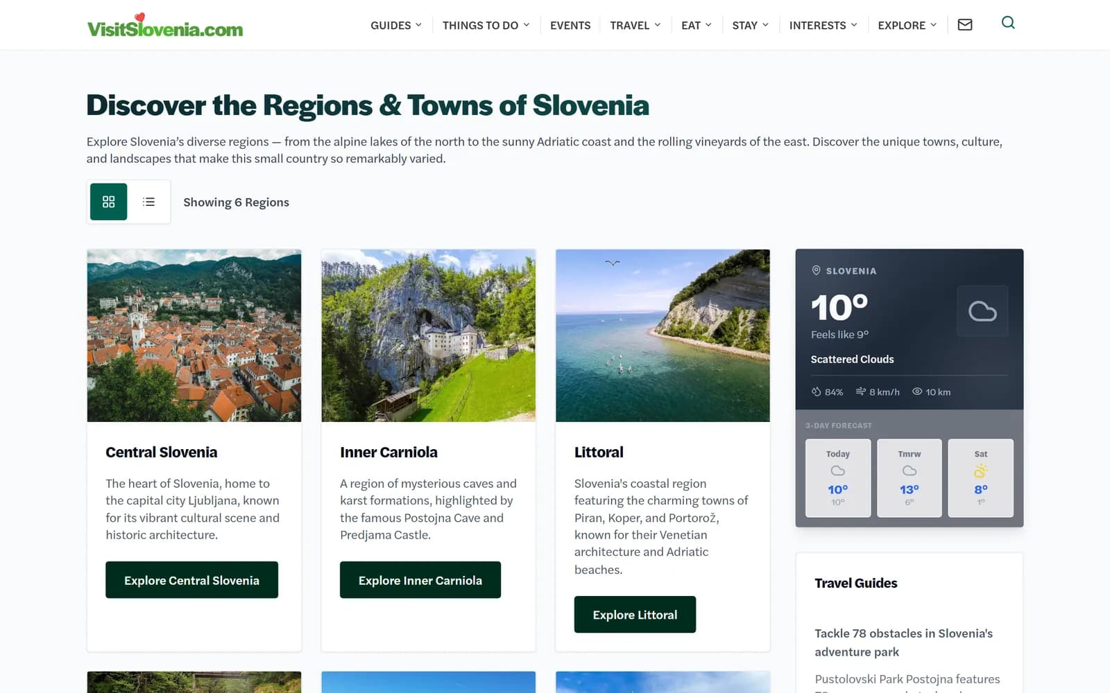 Regions of Slovenia page on Visit Slovenia with region cards and a weather panel