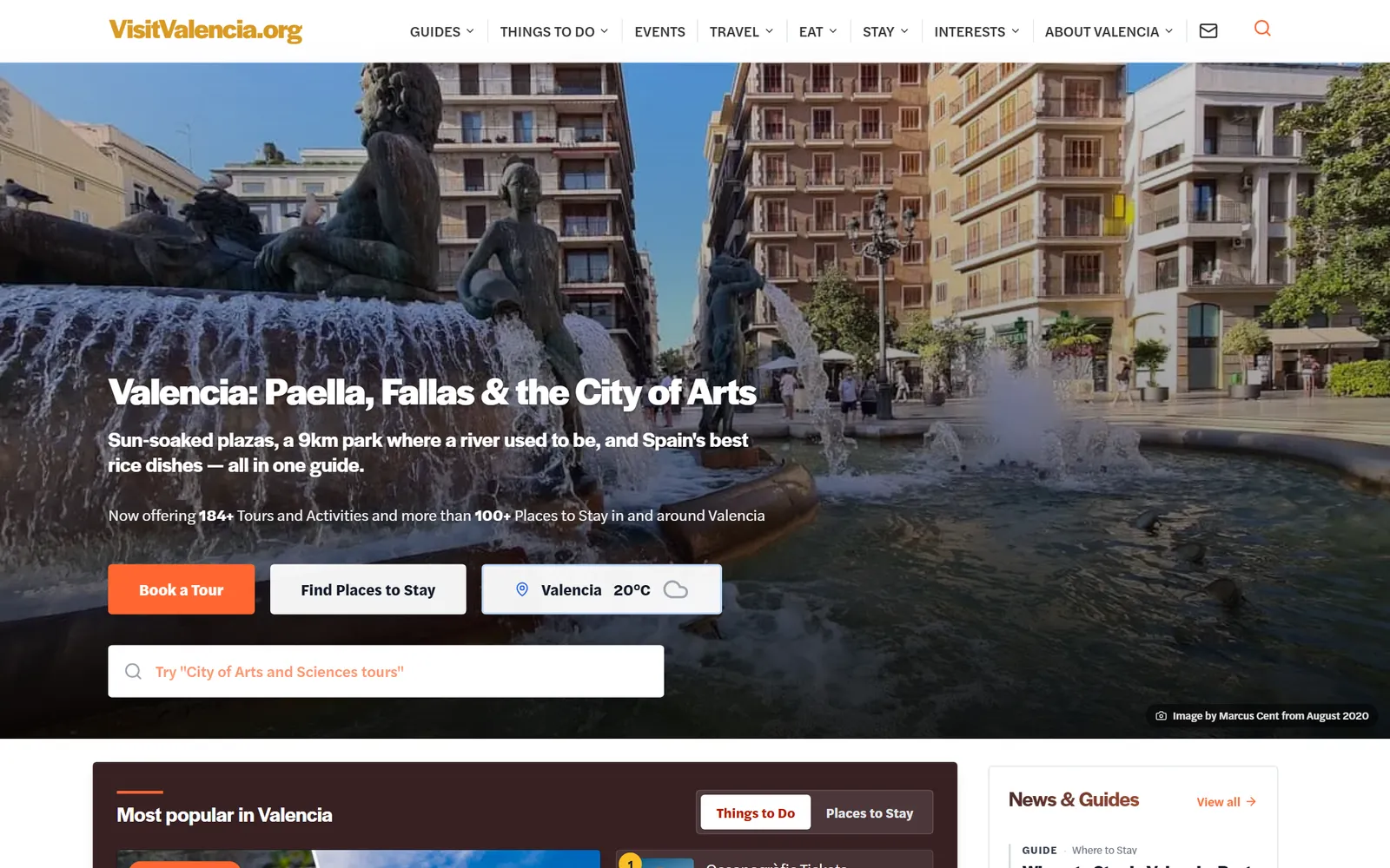 Visit Valencia homepage with tours, places to stay and a search box